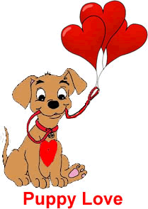 puppy with red heart shaped balloons